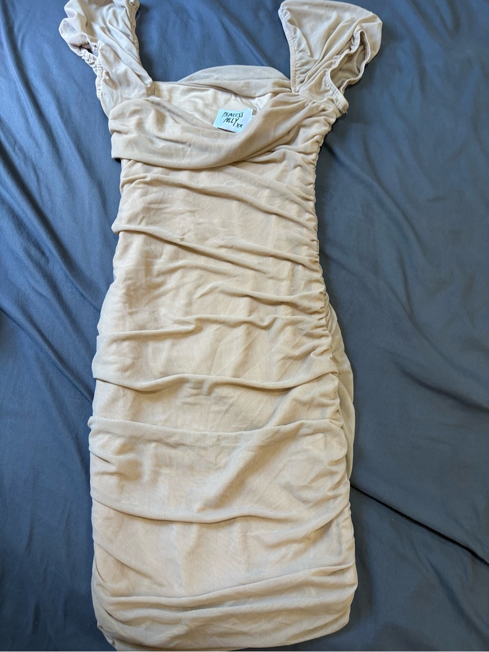 Ruched Square-Neck Bodycon Dress in Beige